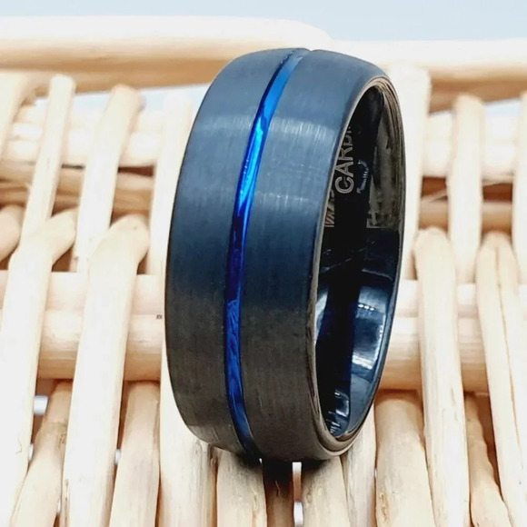 "Black Tungsten Wedding Ring with Blue Groove, GALTUN989 - Picture 1 of 5